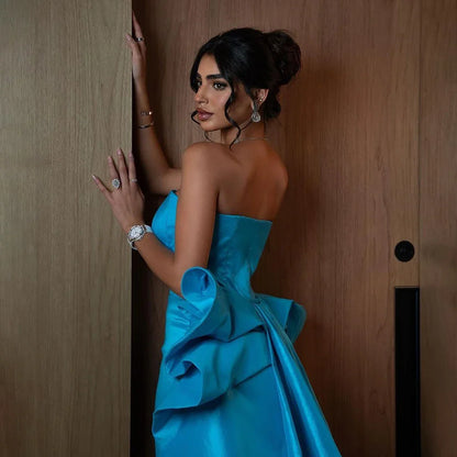 Vestido de noche elegante azul árabe, largo hasta la rodilla, sirena, sin tirantes, con cuentas, para mujer, boda, fiesta, 2025, LA72485 