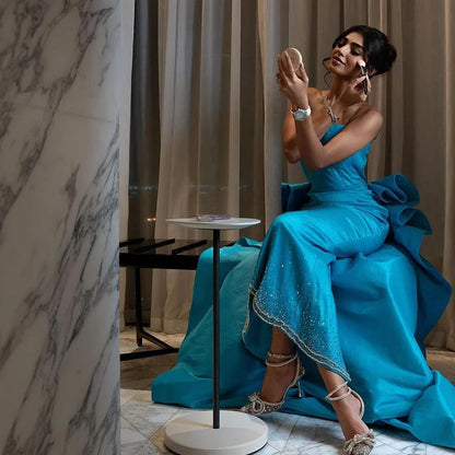 Vestido de noche elegante azul árabe, largo hasta la rodilla, sirena, sin tirantes, con cuentas, para mujer, boda, fiesta, 2025, LA72485 