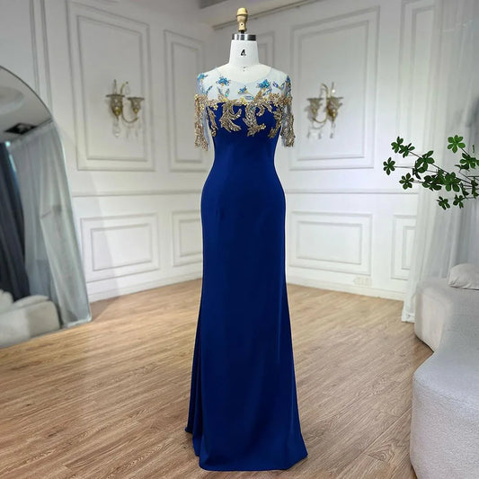 Vestidos de noche elegantes de sirena azul árabe con apliques de lujo de Dubái, vestidos de noche 2025 para mujer, fiesta de boda LA72554 
