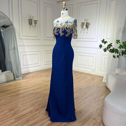 Arabisch Blau Meerjungfrau Elegante Appliques Luxus Dubai Abendkleider Kleider 2025 Für Frauen Hochzeit Party LA72554 