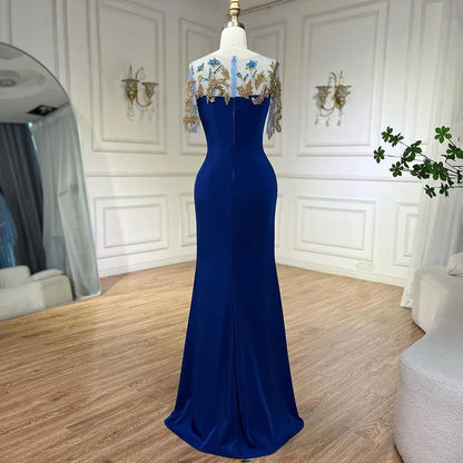 Arabisch Blau Meerjungfrau Elegante Appliques Luxus Dubai Abendkleider Kleider 2025 Für Frauen Hochzeit Party LA72554 