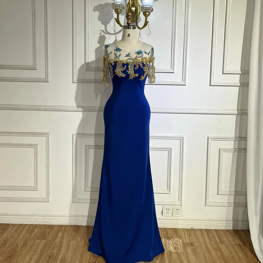Arabisch Blau Meerjungfrau Elegante Appliques Luxus Dubai Abendkleider Kleider 2025 Für Frauen Hochzeit Party LA72554 