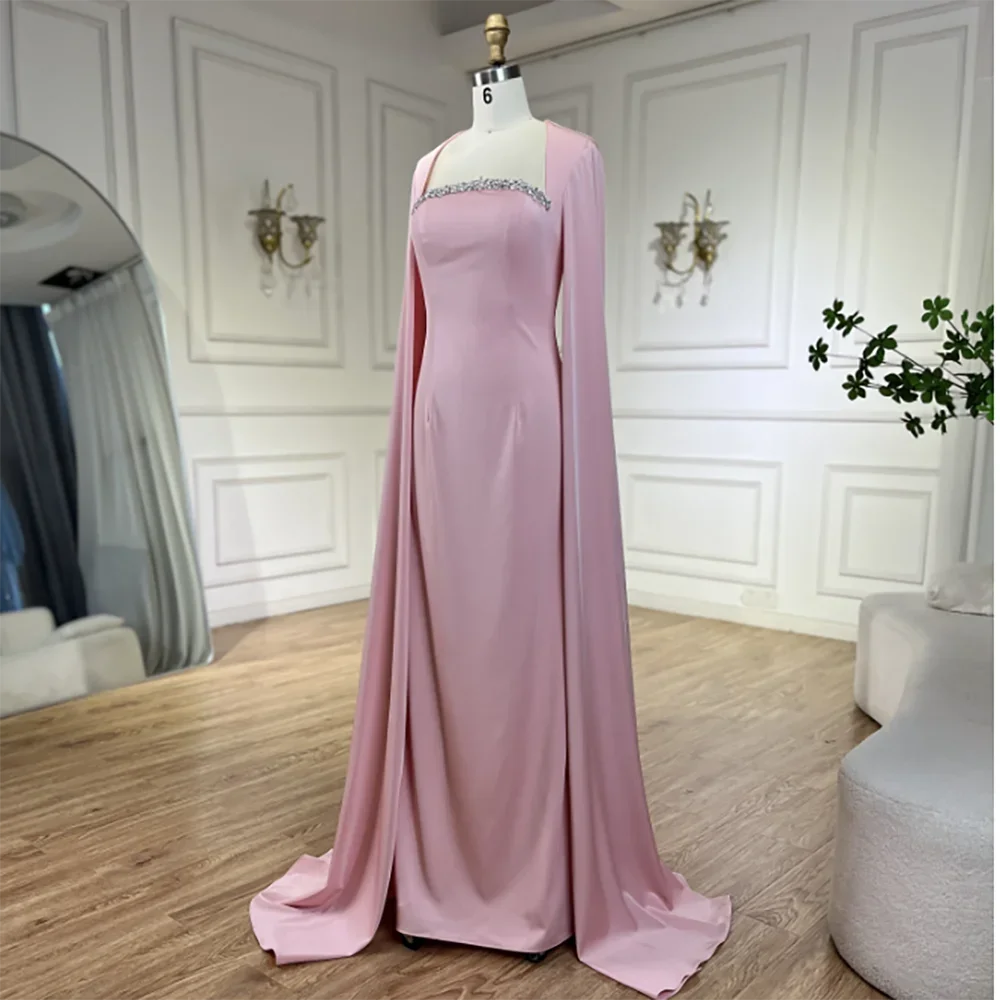 Elegante vestido de noche de sirena azul con mangas estilo capa LA72200
