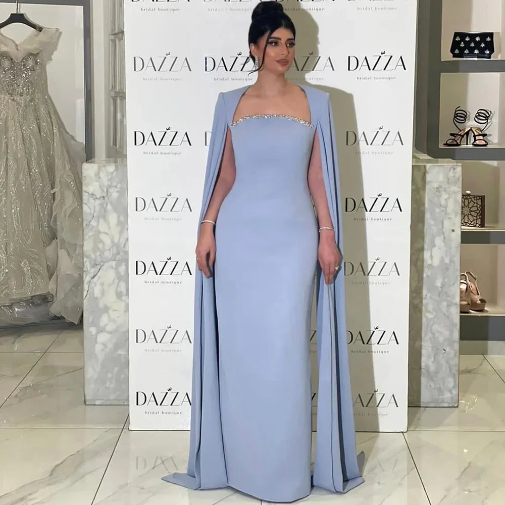 Elegante vestido de noche de sirena azul con mangas estilo capa LA72200