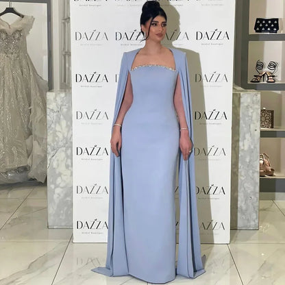Elegantes blaues Meerjungfrau-Abendkleid mit Cape-Ärmeln LA72200
