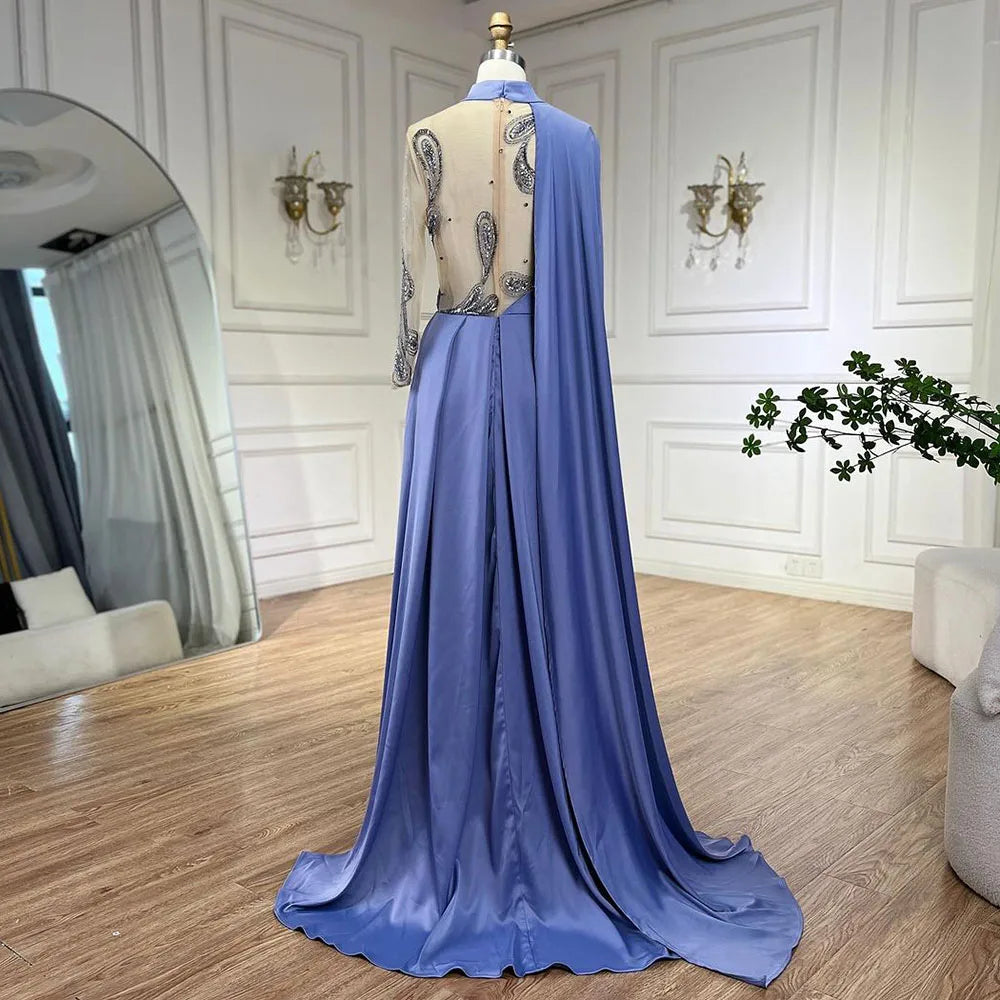 Vestidos de noche elegantes de satén con cuentas y mangas estilo capa en azul árabe, corte A, de lujo, para mujer, fiesta, LA72177 