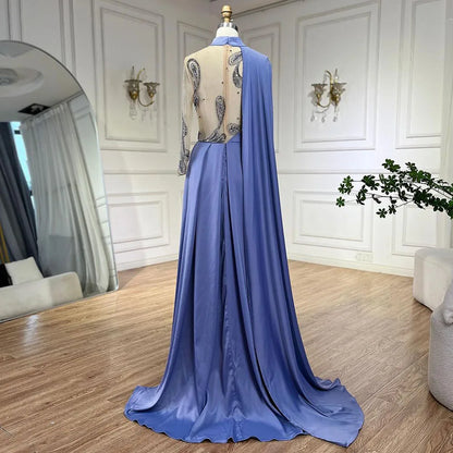 Vestidos de noche elegantes de satén con cuentas y mangas estilo capa en azul árabe, corte A, de lujo, para mujer, fiesta, LA72177 