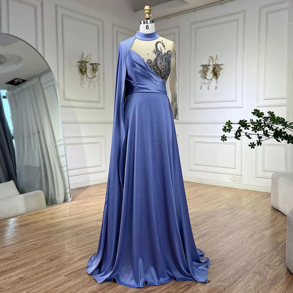 Vestidos de noche elegantes de satén con cuentas y mangas estilo capa en azul árabe, corte A, de lujo, para mujer, fiesta, LA72177 
