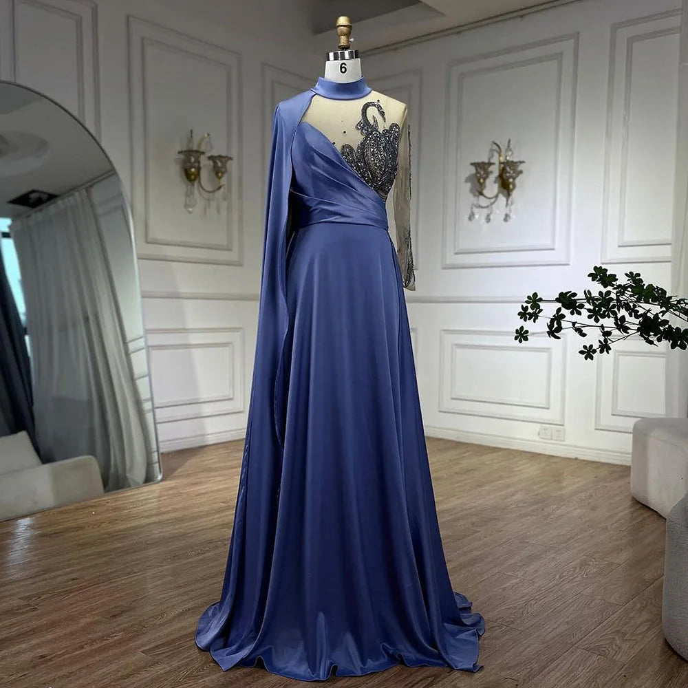 Vestidos de noche elegantes de satén con cuentas y mangas estilo capa en azul árabe, corte A, de lujo, para mujer, fiesta, LA72177 