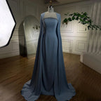 Elegante vestido de noche de sirena azul con mangas estilo capa LA72200