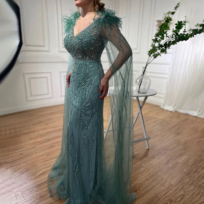 Vestido de noche elegante de sirena azul árabe con mangas tipo capa y plumas, de lujo, con cuentas, para mujer, fiesta, LA71780, 2025 