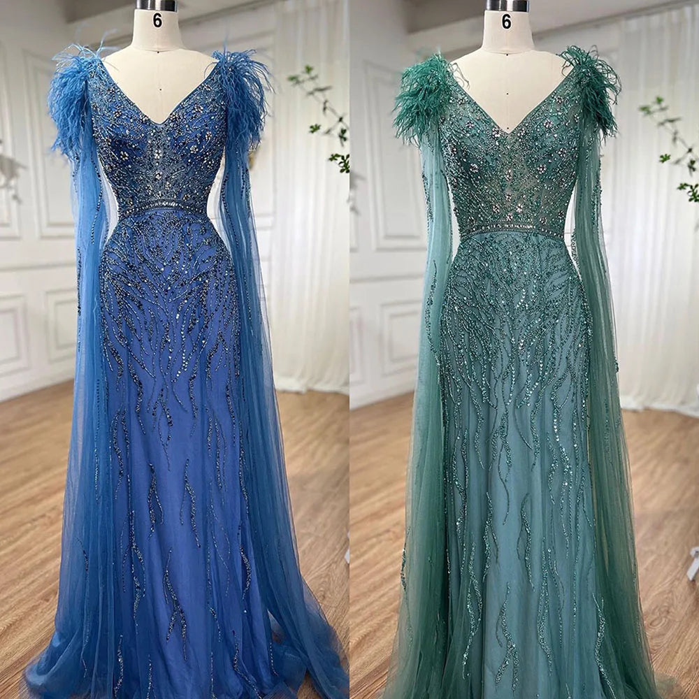 Vestido de noche elegante de sirena azul árabe con mangas tipo capa y plumas, de lujo, con cuentas, para mujer, fiesta, LA71780, 2025 
