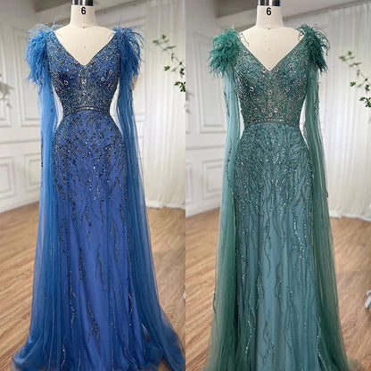 Vestido de noche elegante de sirena azul árabe con mangas tipo capa y plumas, de lujo, con cuentas, para mujer, fiesta, LA71780, 2025 