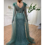 Vestido de noche elegante de sirena azul árabe con mangas tipo capa y plumas, de lujo, con cuentas, para mujer, fiesta, LA71780, 2025 