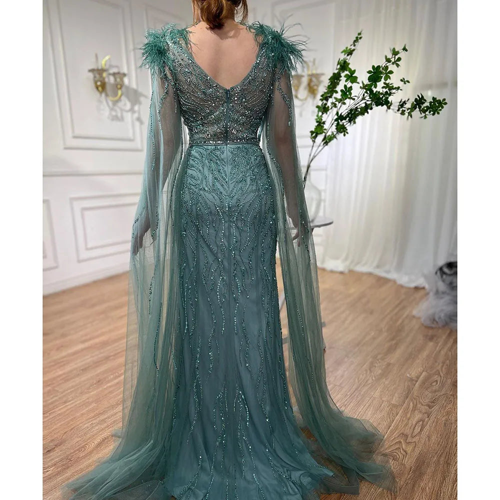 Vestido de noche elegante de sirena azul árabe con mangas tipo capa y plumas, de lujo, con cuentas, para mujer, fiesta, LA71780, 2025 