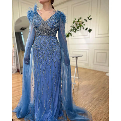 Vestido de noche elegante de sirena azul árabe con mangas tipo capa y plumas, de lujo, con cuentas, para mujer, fiesta, LA71780, 2025 