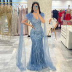 Vestido de noche elegante de sirena azul árabe con mangas tipo capa y plumas, de lujo, con cuentas, para mujer, fiesta, LA71780, 2025 