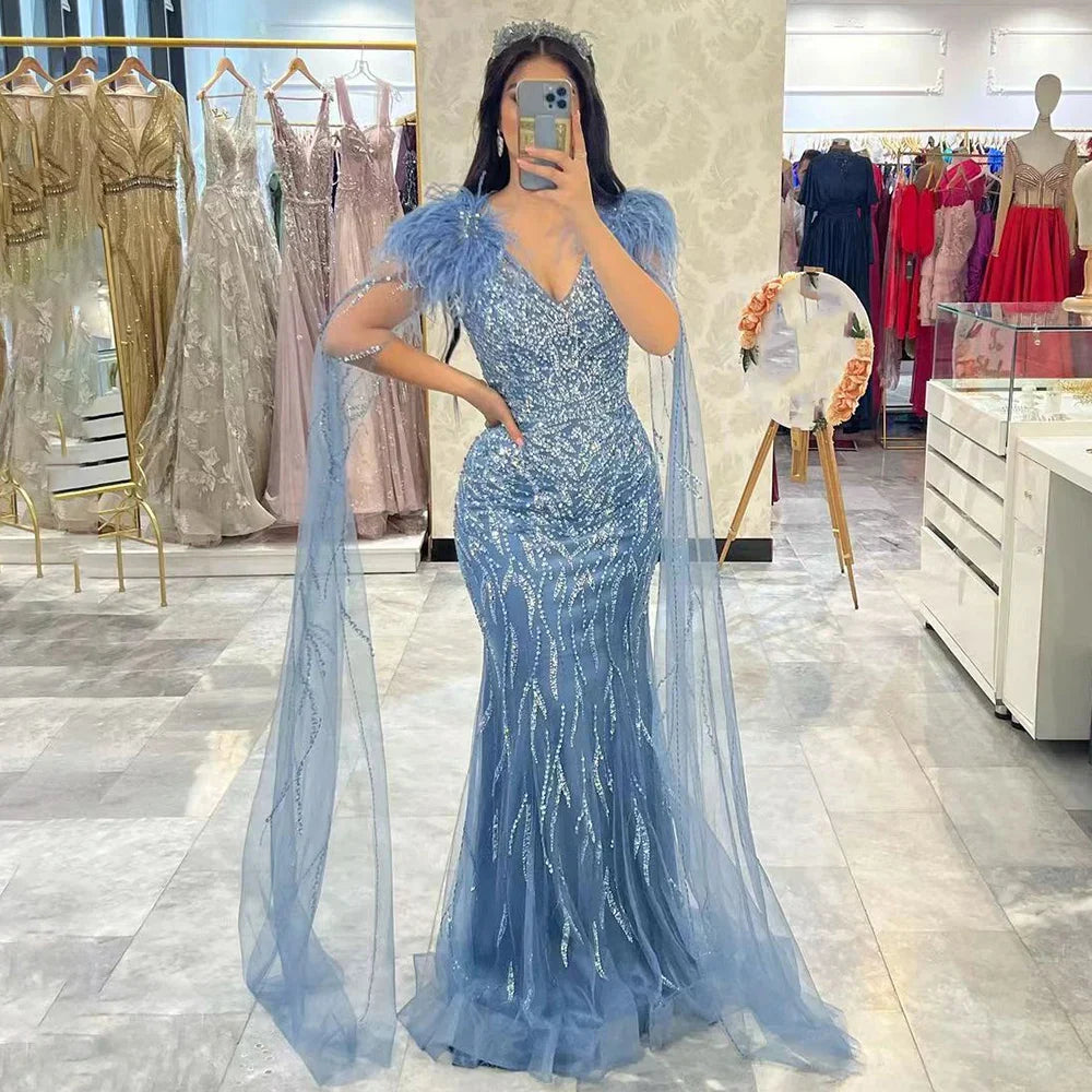 Vestido de noche elegante de sirena azul árabe con mangas tipo capa y plumas, de lujo, con cuentas, para mujer, fiesta, LA71780, 2025 