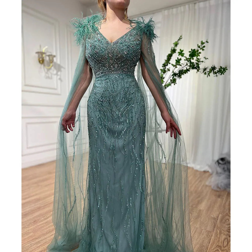Vestido de noche elegante de sirena azul árabe con mangas tipo capa y plumas, de lujo, con cuentas, para mujer, fiesta, LA71780, 2025 