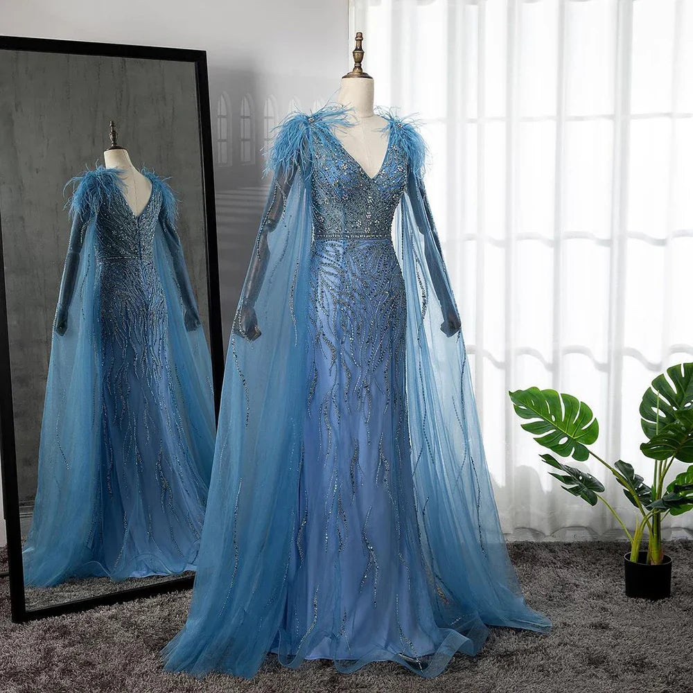 Vestido de noche elegante de sirena azul árabe con mangas tipo capa y plumas, de lujo, con cuentas, para mujer, fiesta, LA71780, 2025 