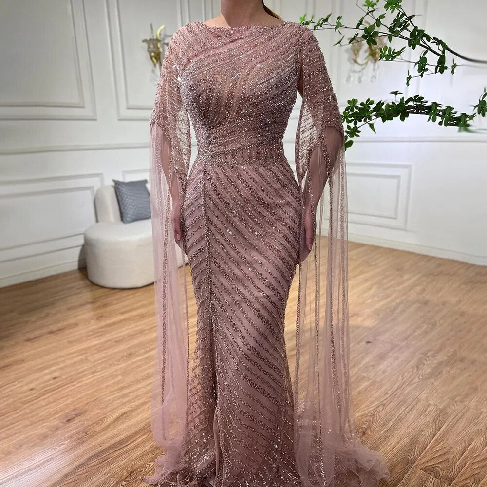 Arabisch Blau Meerjungfrau Elegante Cape-Ärmel Split Perlen Abendkleider Kleider Für Frauen Hochzeit Party 2025 LA72084 