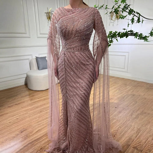 Arabic Blue Mermaid Elegant Cape Sleeves Split Beaded Evening Dresses Gowns For Women Wedding Party 2025 LA72084
