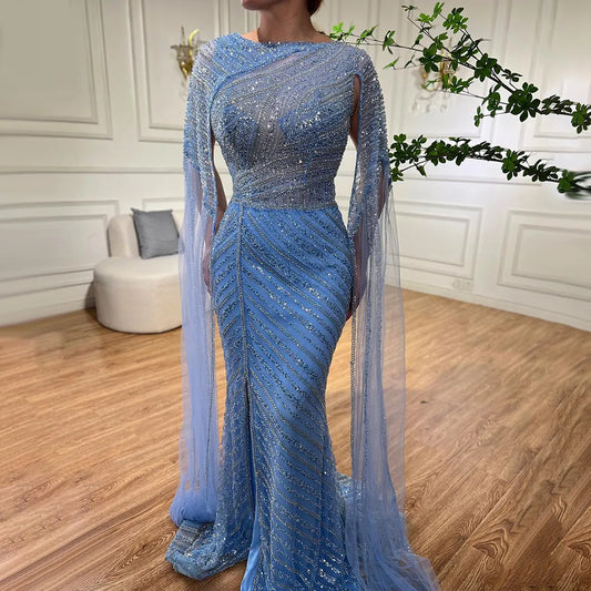 Arabisch Blau Meerjungfrau Elegante Cape-Ärmel Split Perlen Abendkleider Kleider Für Frauen Hochzeit Party 2025 LA72084 