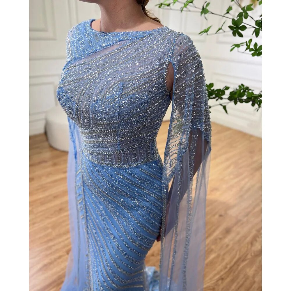 Arabisch Blau Meerjungfrau Elegante Cape-Ärmel Split Perlen Abendkleider Kleider Für Frauen Hochzeit Party 2025 LA72084 