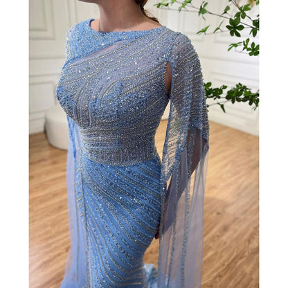 Arabisch Blau Meerjungfrau Elegante Cape-Ärmel Split Perlen Abendkleider Kleider Für Frauen Hochzeit Party 2025 LA72084 