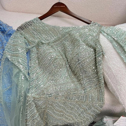 Arabisch Blau Meerjungfrau Elegante Cape-Ärmel Split Perlen Abendkleider Kleider Für Frauen Hochzeit Party 2025 LA72084 