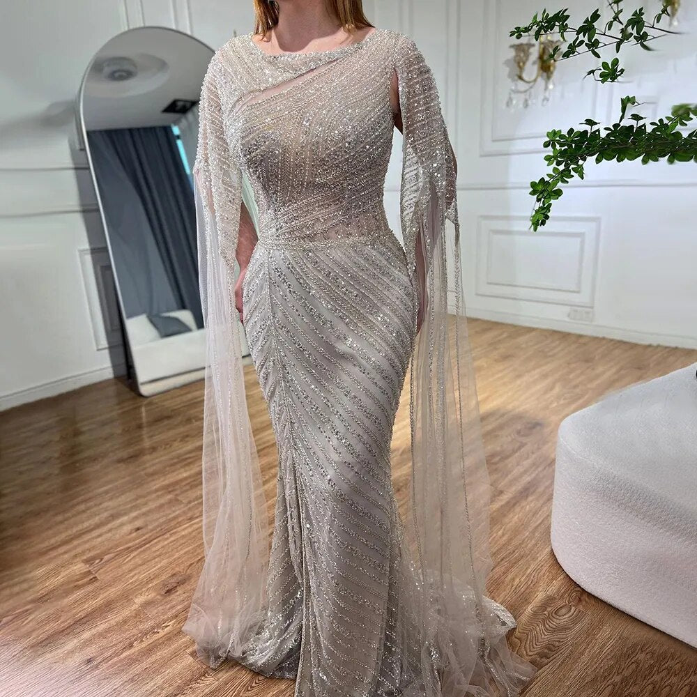 Arabic Blue Mermaid Elegant Cape Sleeves Split Beaded Evening Dresses Gowns For Women Wedding Party 2025 LA72084