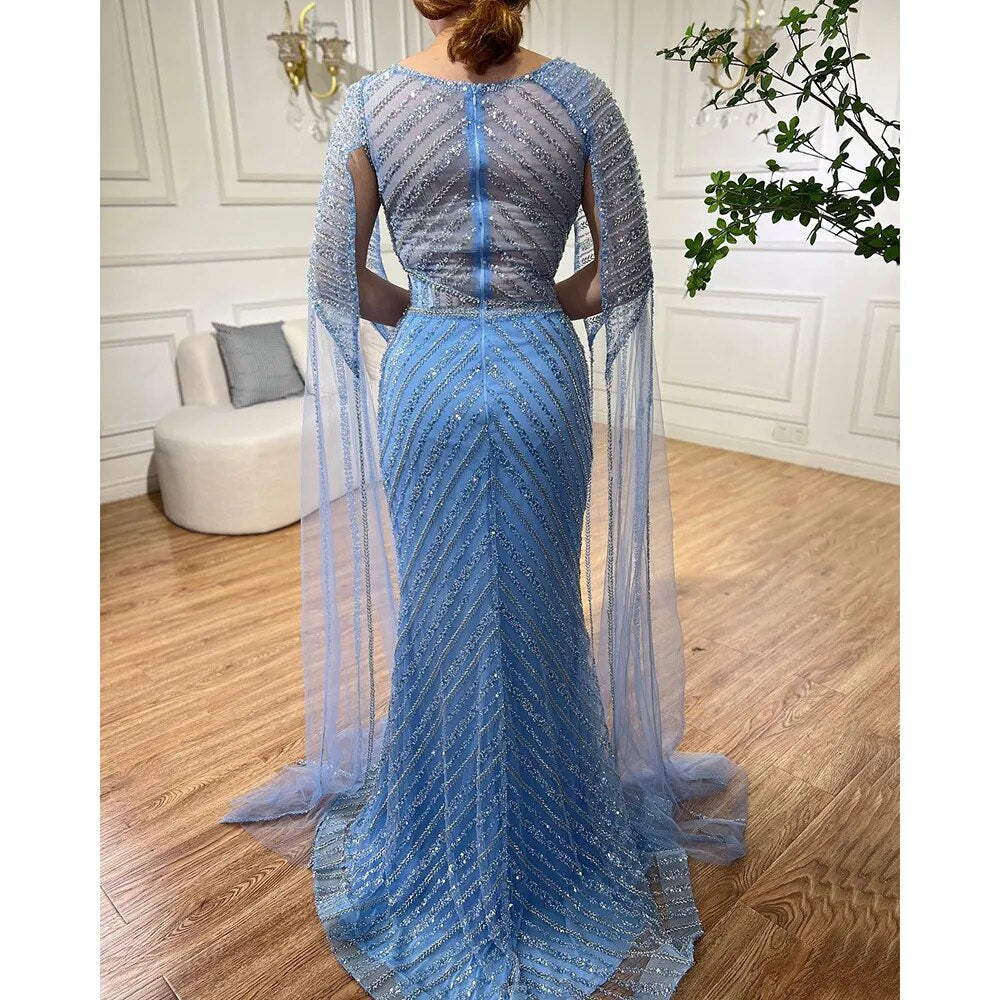 Arabic Blue Mermaid Elegant Cape Sleeves Split Beaded Evening Dresses Gowns For Women Wedding Party 2025 LA72084