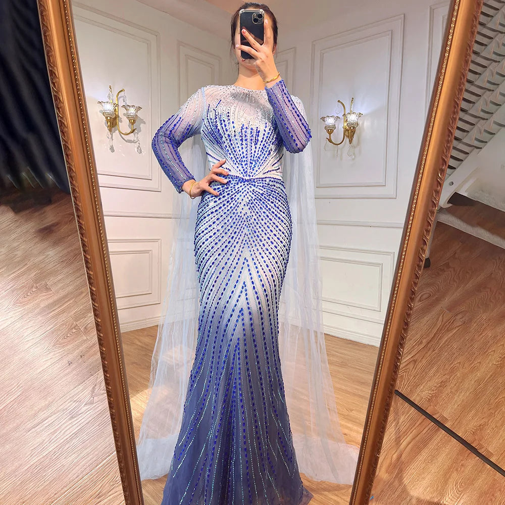 Elegante vestido de noche árabe azul sirena, largo 2025, con cuentas, de lujo, para mujer, fiesta, LA71846 
