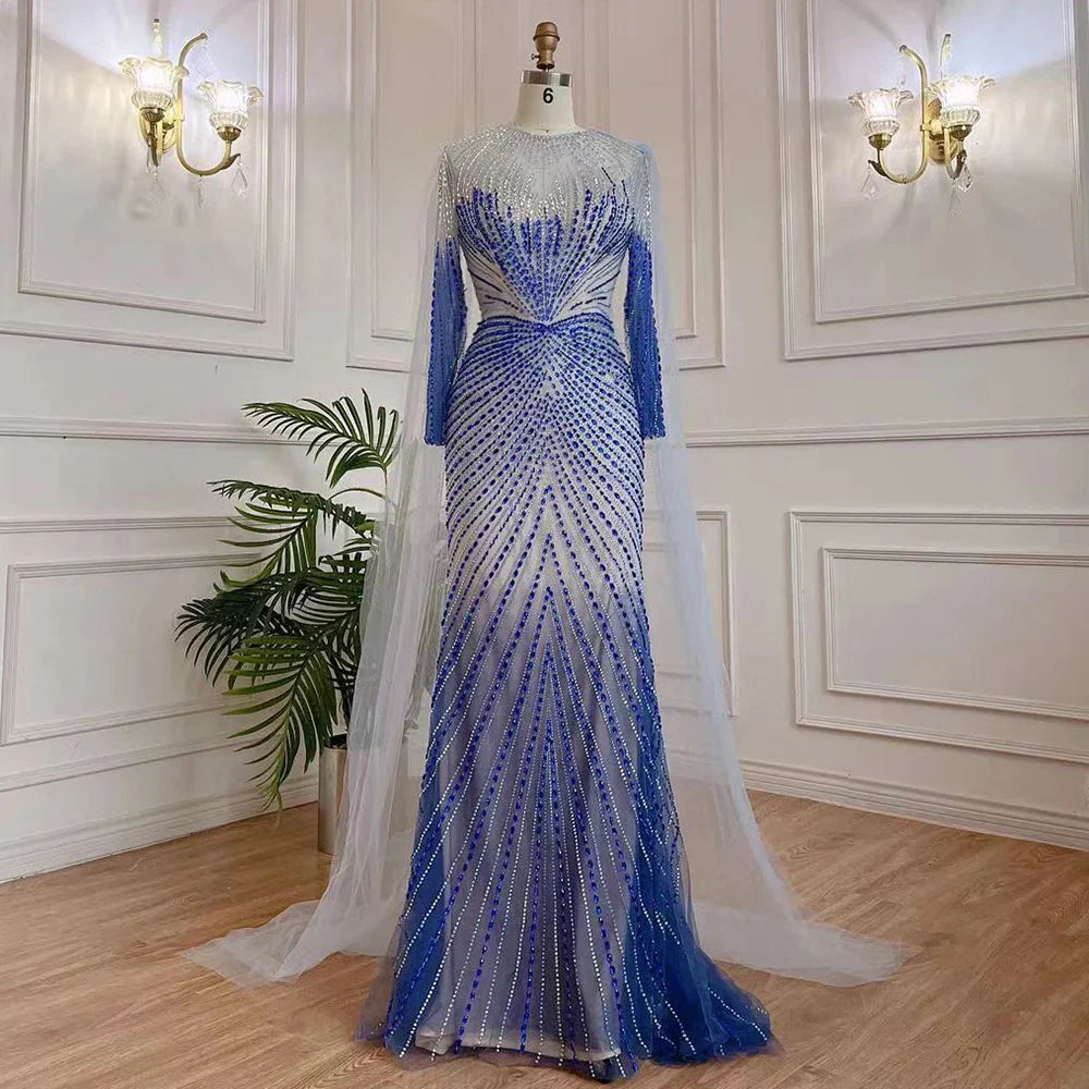Elegante vestido de noche árabe azul sirena, largo 2025, con cuentas, de lujo, para mujer, fiesta, LA71846 