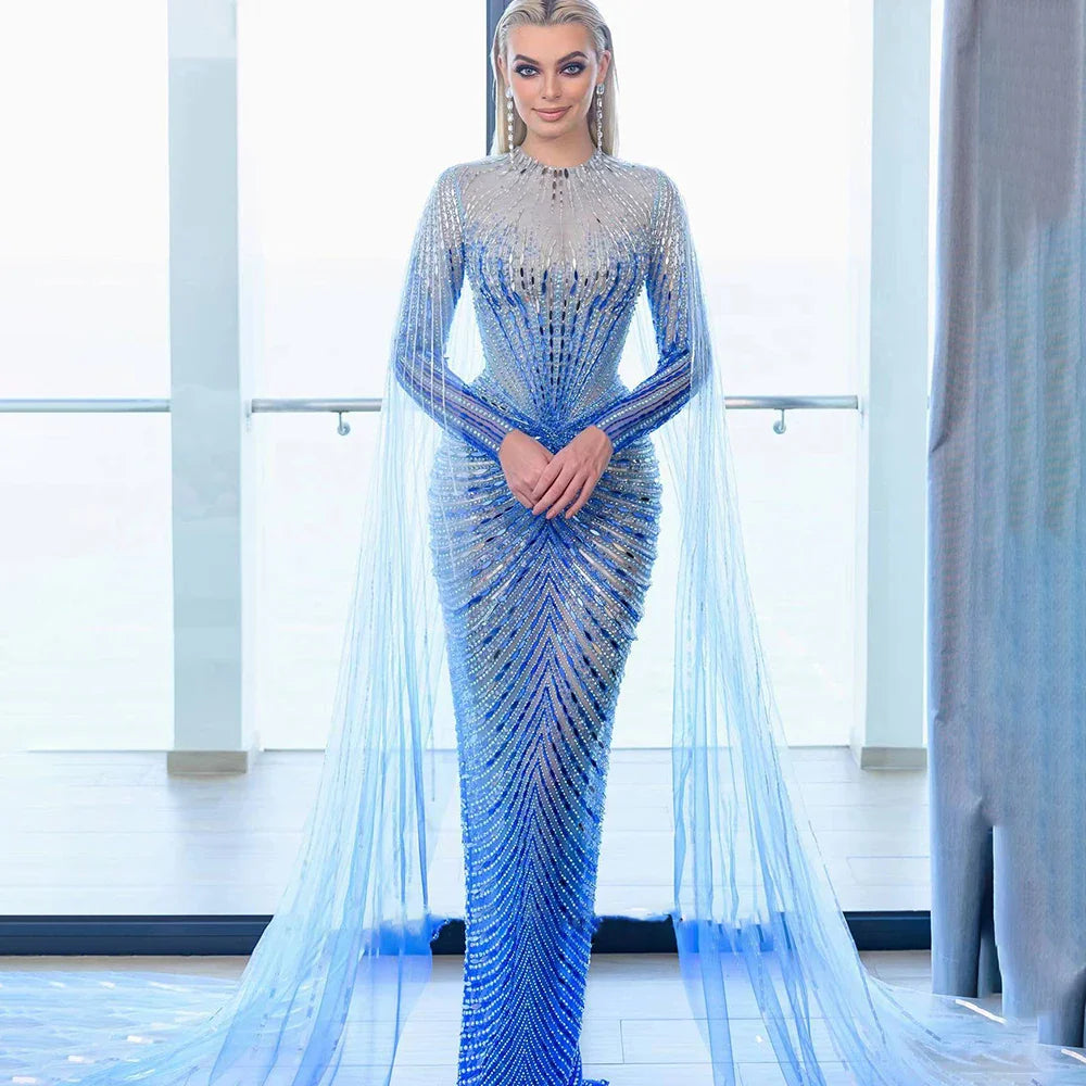 Elegante vestido de noche árabe azul sirena, largo 2025, con cuentas, de lujo, para mujer, fiesta, LA71846 
