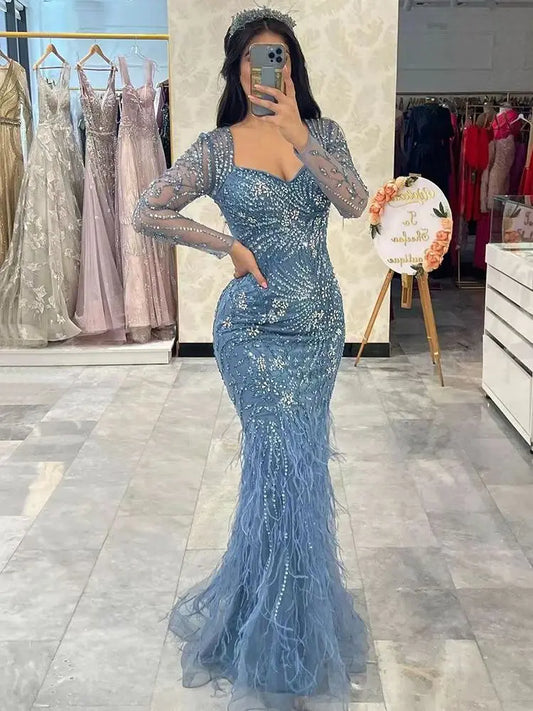 Arabisch Blau Meerjungfrau Elegante Feder Perlen Abendkleider Kleider Für Frauen Party 2025 LA71818 