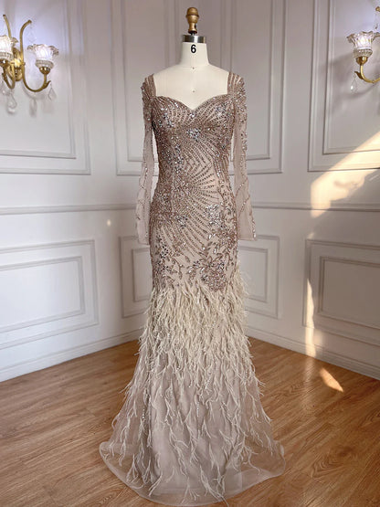 Arabisch Blau Meerjungfrau Elegante Feder Perlen Abendkleider Kleider Für Frauen Party 2025 LA71818 