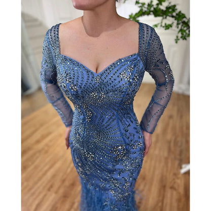 Arabisch Blau Meerjungfrau Elegante Feder Perlen Abendkleider Kleider Für Frauen Party 2025 LA71818 