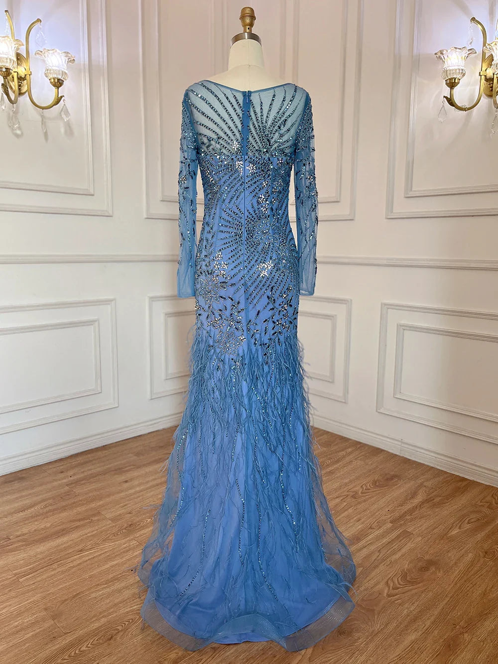 Arabisch Blau Meerjungfrau Elegante Feder Perlen Abendkleider Kleider Für Frauen Party 2025 LA71818 