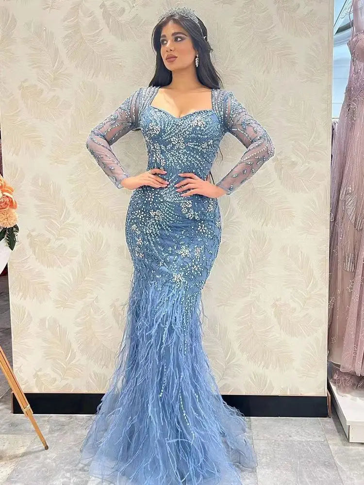 Arabisch Blau Meerjungfrau Elegante Feder Perlen Abendkleider Kleider Für Frauen Party 2025 LA71818 