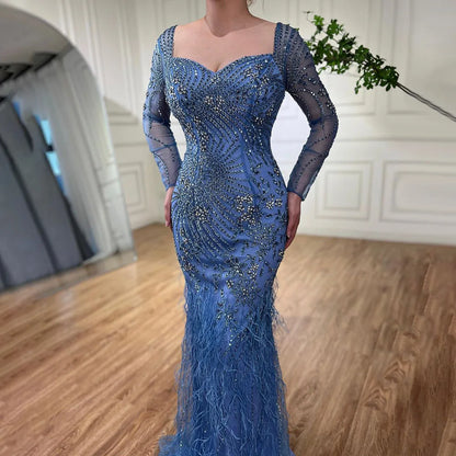 Arabisch Blau Meerjungfrau Elegante Feder Perlen Abendkleider Kleider Für Frauen Party 2025 LA71818 