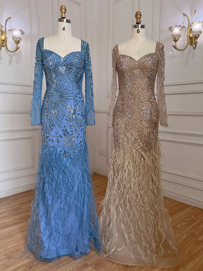 Arabisch Blau Meerjungfrau Elegante Feder Perlen Abendkleider Kleider Für Frauen Party 2025 LA71818 