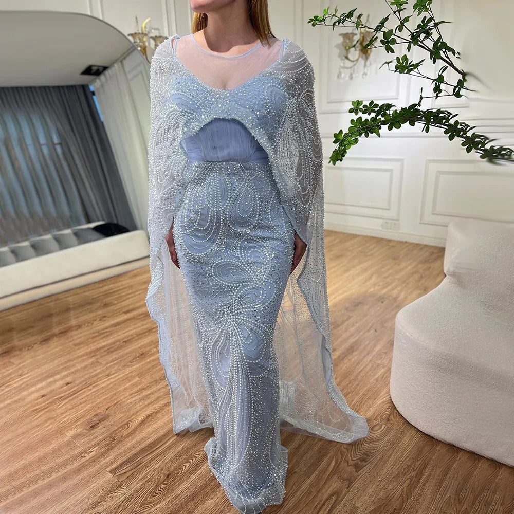 Arabisch Blau Meerjungfrau Elegante Lange Cape Mantel Luxus Perlen Abendkleider Für Frauen Hochzeit Party 2025 LA72235