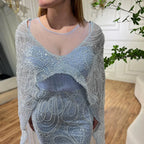 Arabisch Blau Meerjungfrau Elegante Lange Cape Mantel Luxus Perlen Abendkleider Für Frauen Hochzeit Party 2025 LA72235