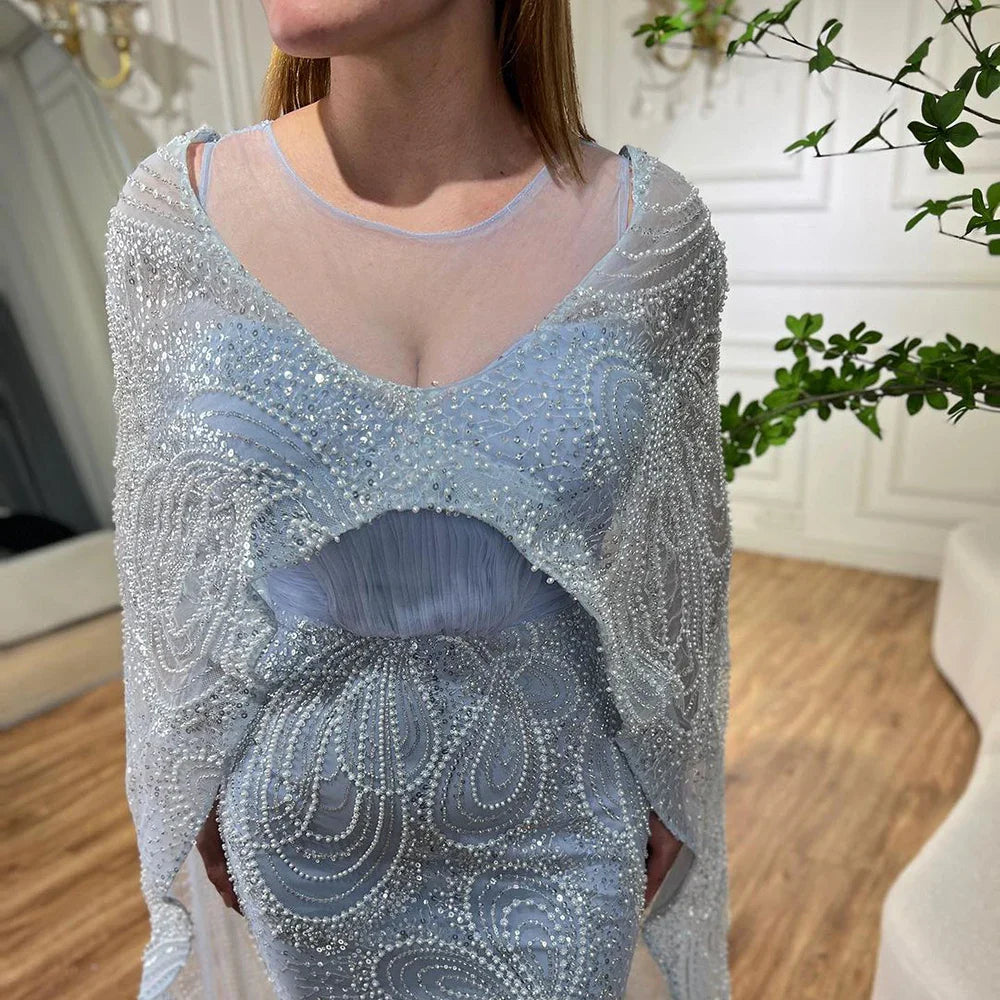 Arabisch Blau Meerjungfrau Elegante Lange Cape Mantel Luxus Perlen Abendkleider Für Frauen Hochzeit Party 2025 LA72235