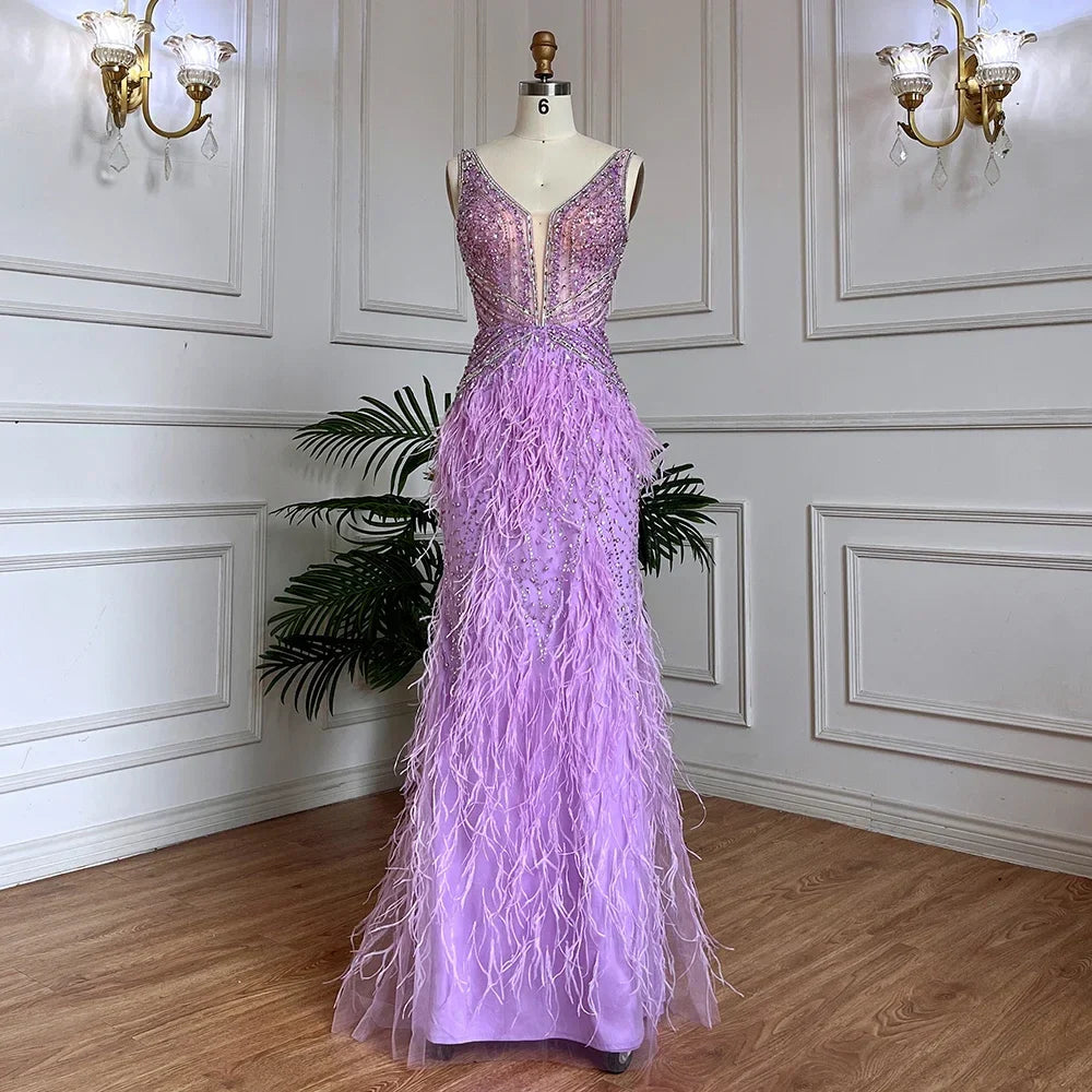 Arabic Blue Mermaid Elegant With Cape Luxury Beaded Feather Dubai Evening Dresses Gowns for Women Party LA71583B