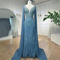 Arabisch Blau Meerjungfrau Elegant Mit Cape Luxus Perlen Feder Dubai Abendkleider Kleider für Frauen Party LA71583B 