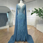 Arabisch Blau Meerjungfrau Elegant Mit Cape Luxus Perlen Feder Dubai Abendkleider Kleider für Frauen Party LA71583B 