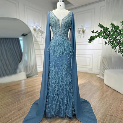 Arabisch Blau Meerjungfrau Elegant Mit Cape Luxus Perlen Feder Dubai Abendkleider Kleider für Frauen Party LA71583B 