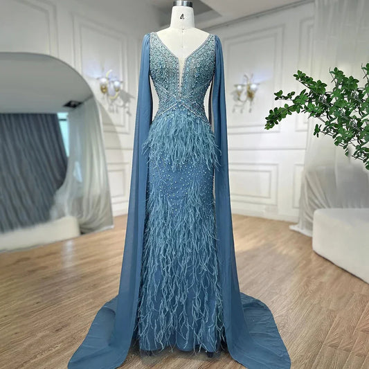 Arabisch Blau Meerjungfrau Elegant Mit Cape Luxus Perlen Feder Dubai Abendkleider Kleider für Frauen Party LA71583B 